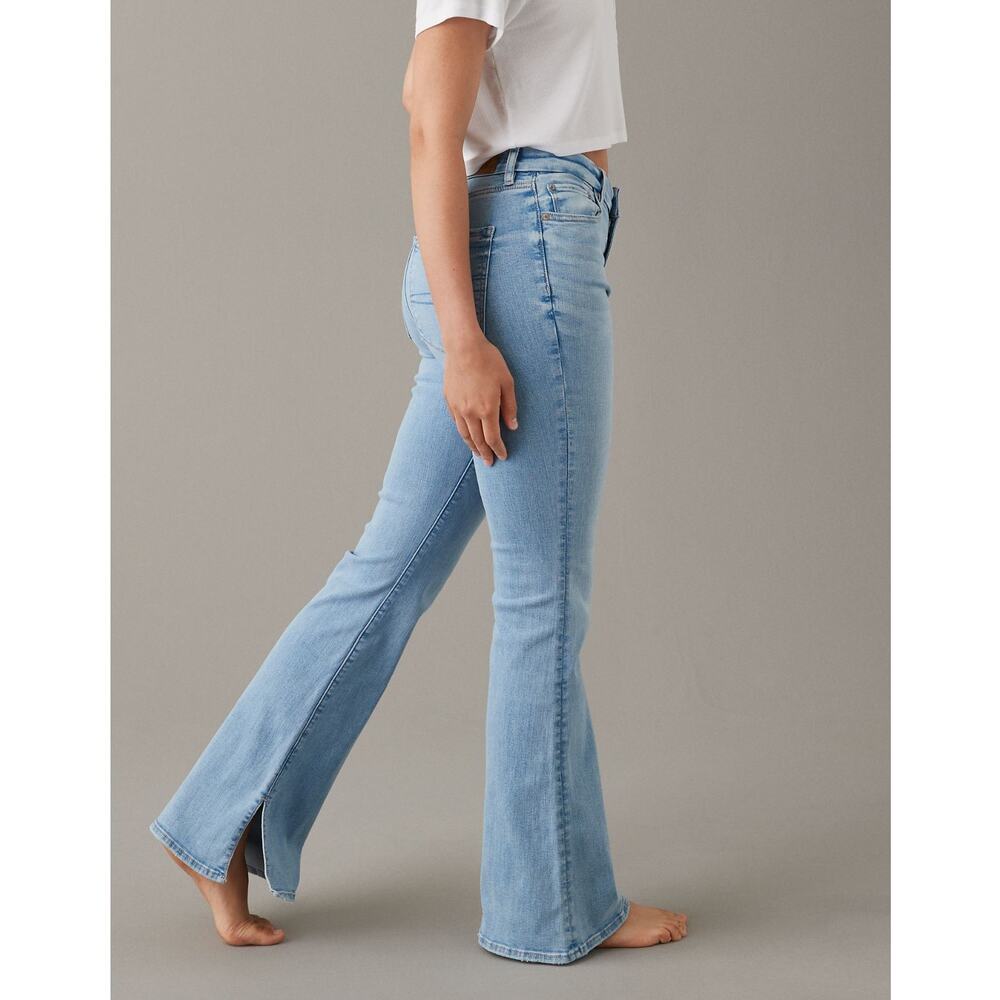 American Eagle Curvy Super High Rise Flare Jeans light wash split leg stretch 12